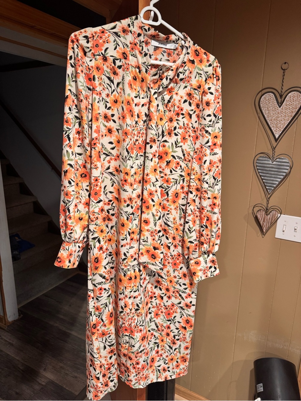 JustFab Cream Long Sleeve Floral Midi Dress with Orange Blooms